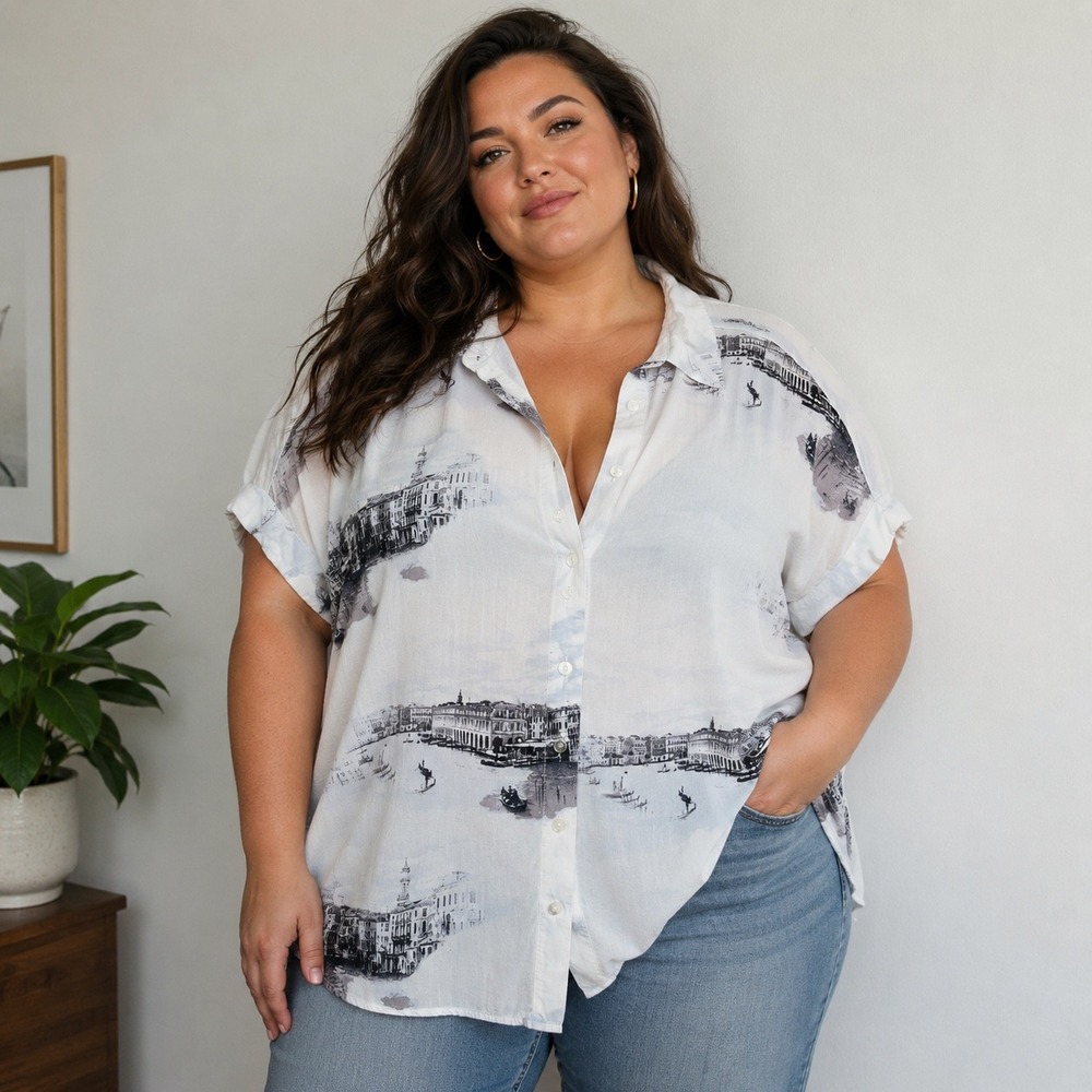 Jane + Delancey Shirt Button Down Women 2X Blue Scenic Venice Cityscape Rayon